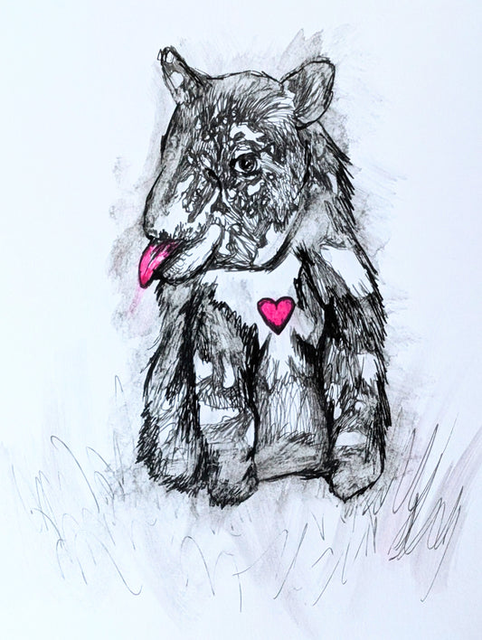 Sketch of a wolf with a pink heart on a light gray background