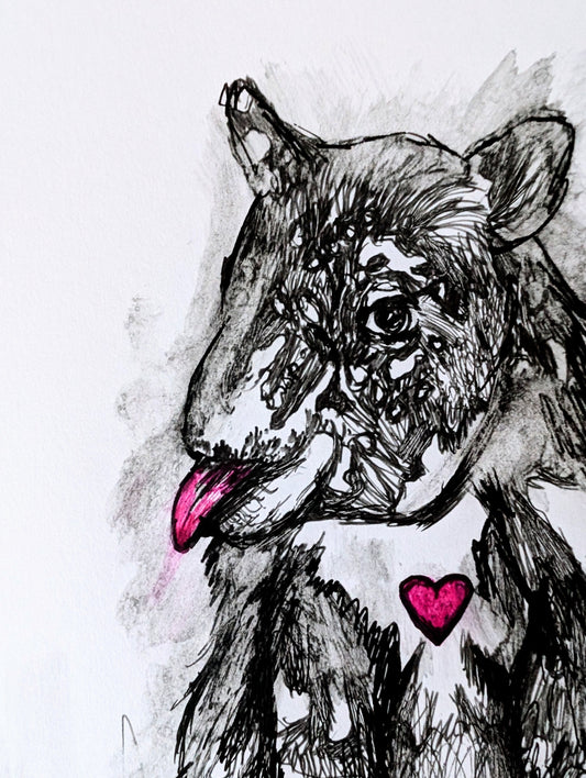 Illustration of a bear with a pink heart on a white background