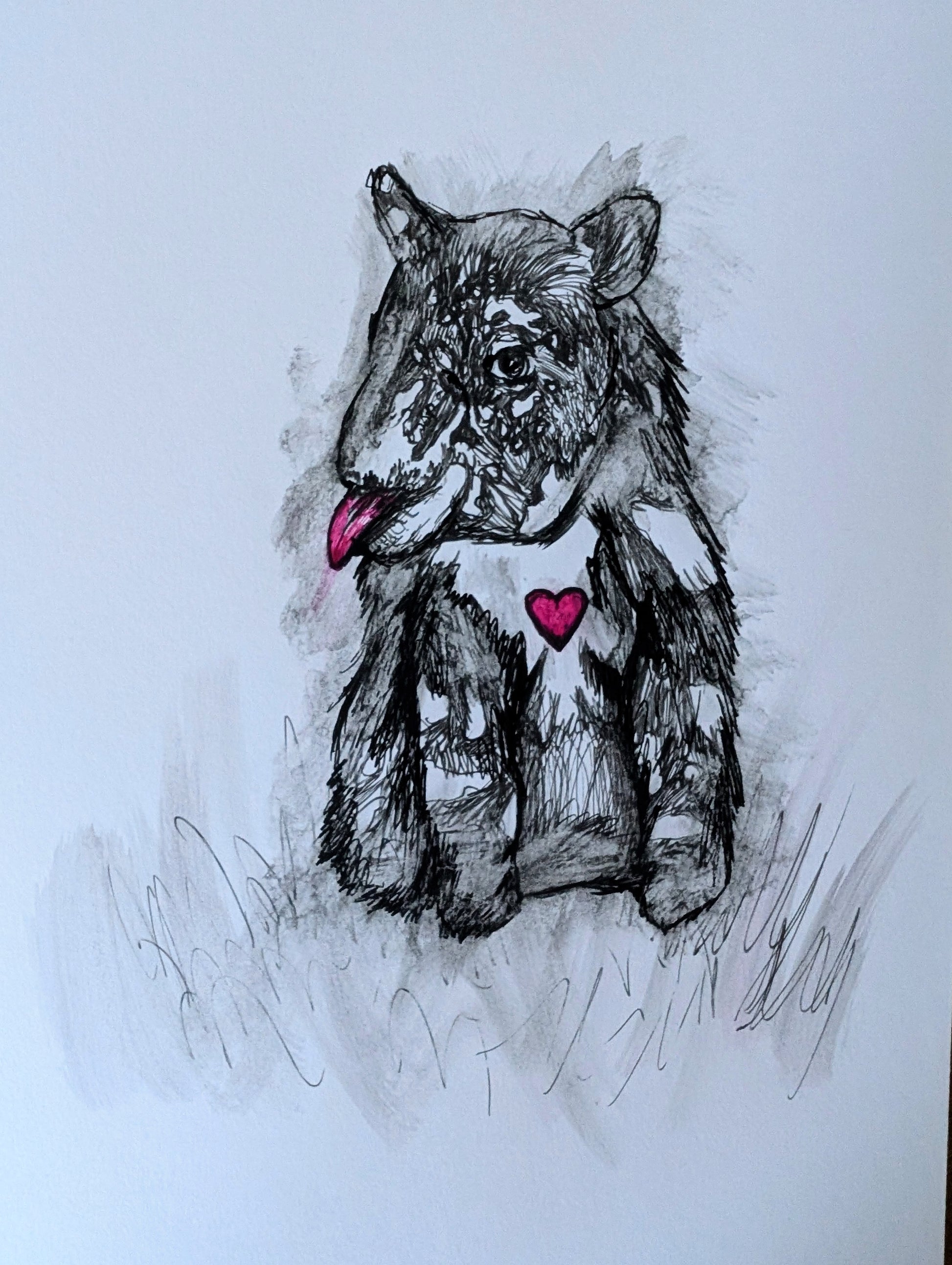 Sketch of a wolf with a red heart on its chest against a light blue background