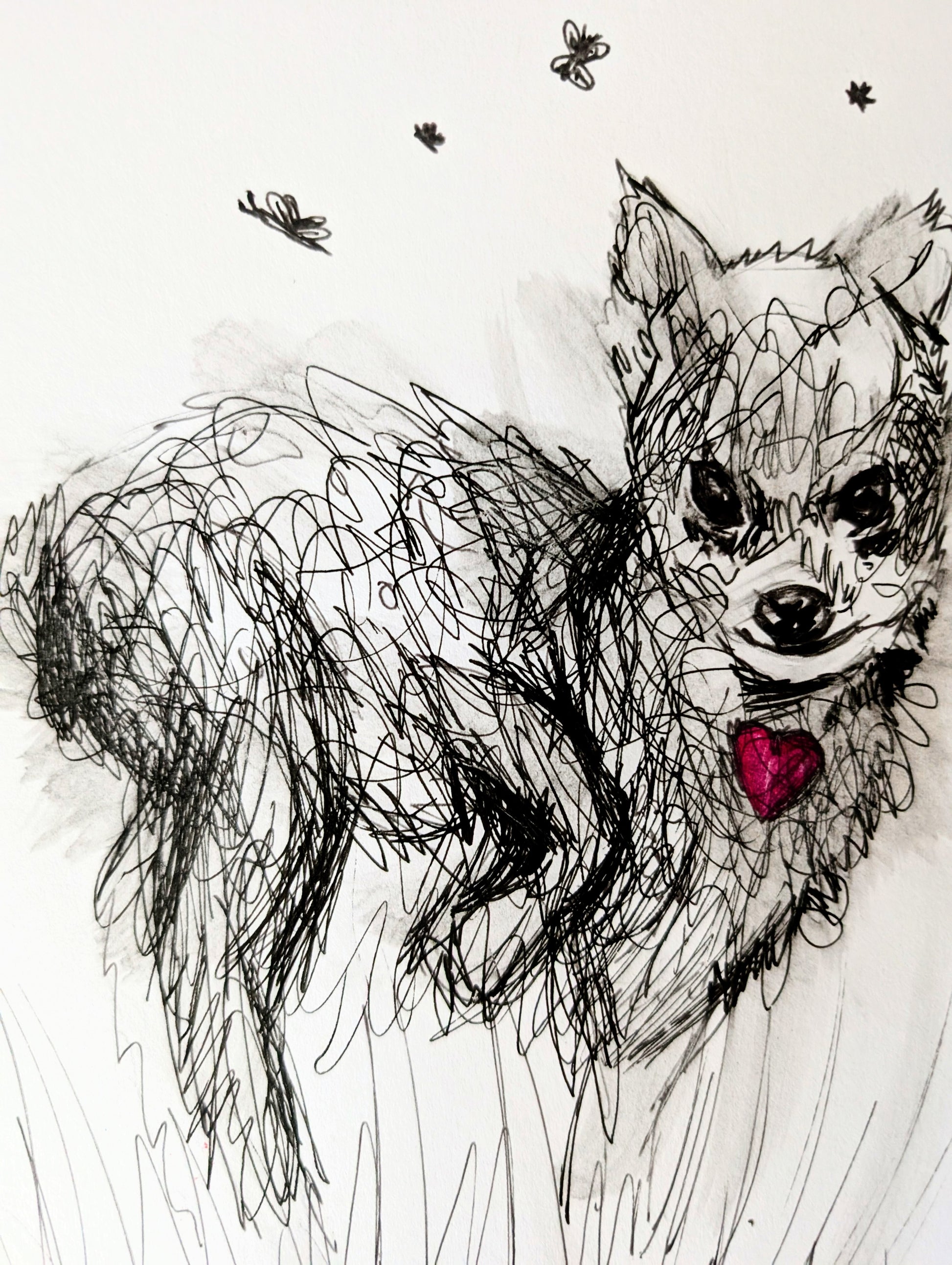 Artistic illustration of a dog with a red heart tag, surrounded by small black objects on a light gray background.