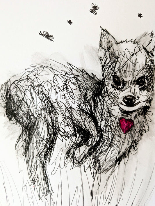 Artistic illustration of a dog with a red heart tag, surrounded by small black objects on a light gray background.