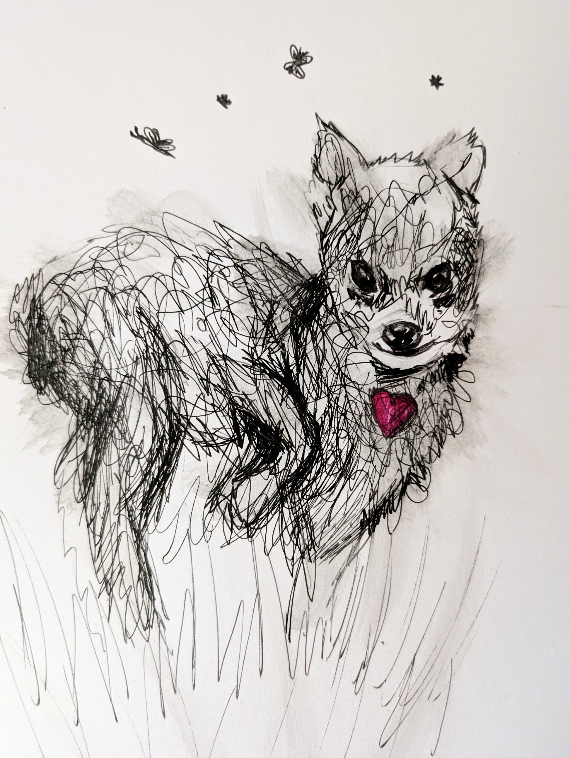 Artistic drawing of a dog with a red collar on a white background