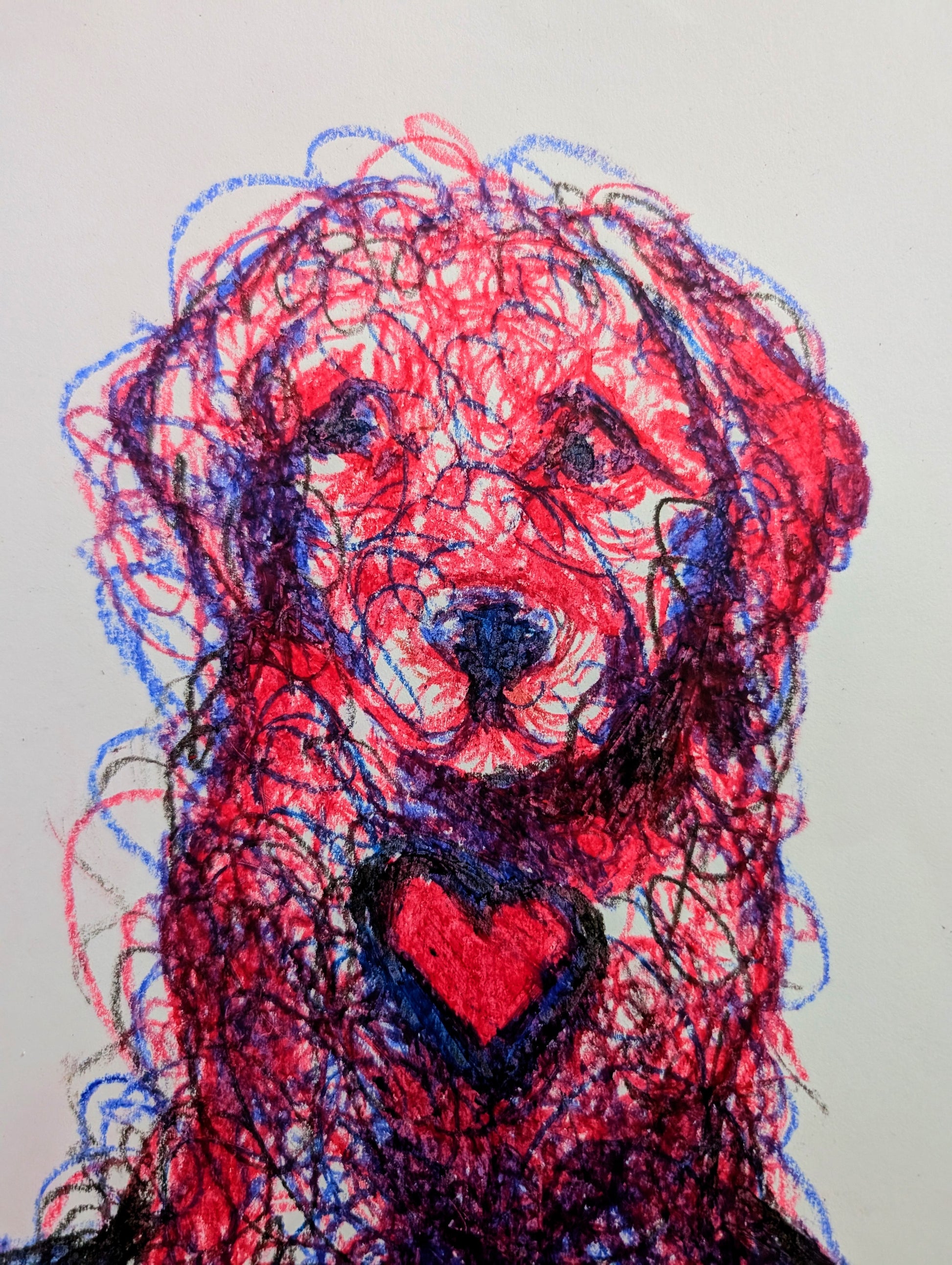 Pink & Blue Dog With Heart A3 Size Oil Pastel Illustration Drawing - Unorthodox Zoo