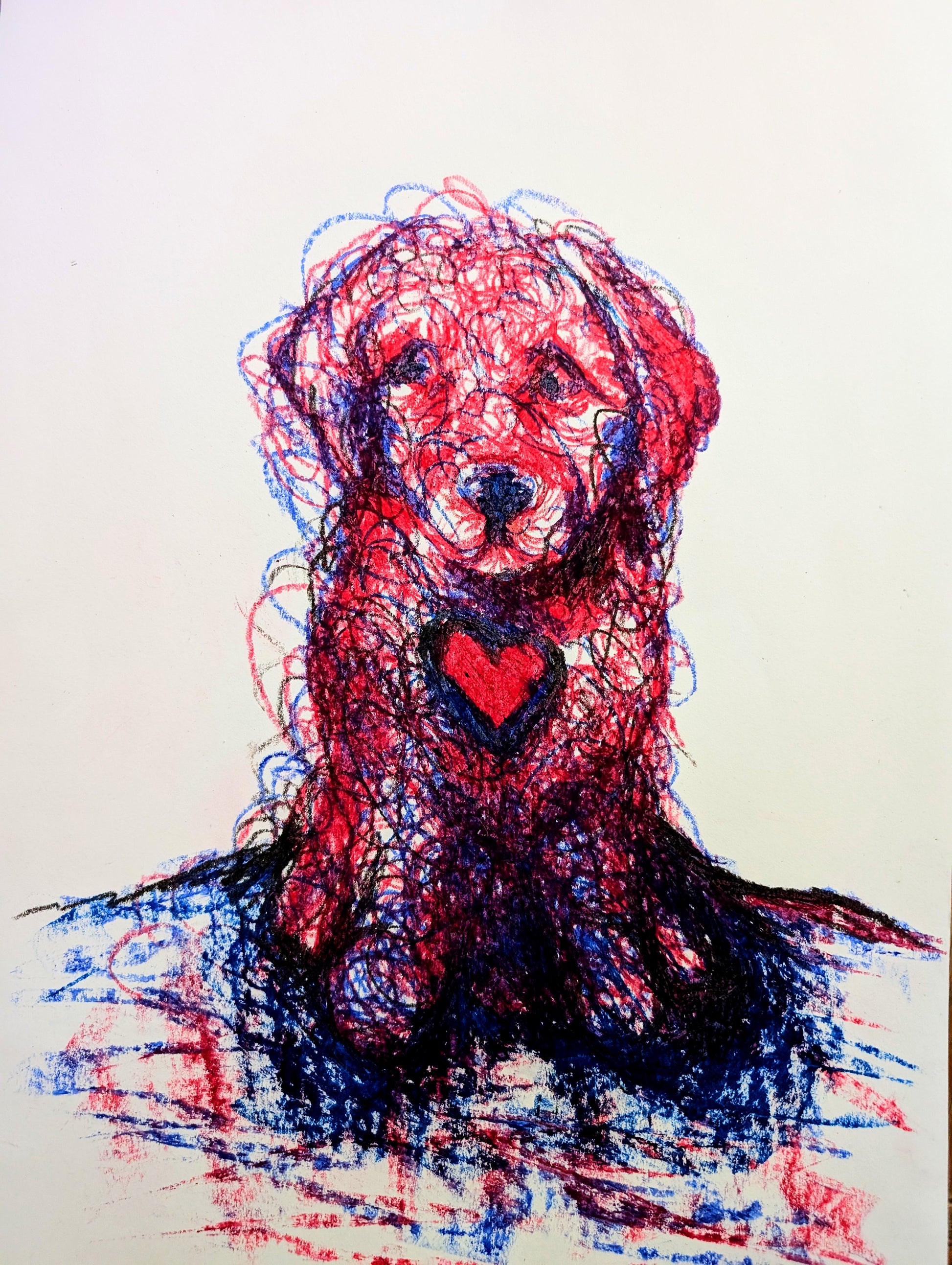Pink & Blue Dog With Heart A3 Size Oil Pastel Illustration Drawing - Unorthodox Zoo