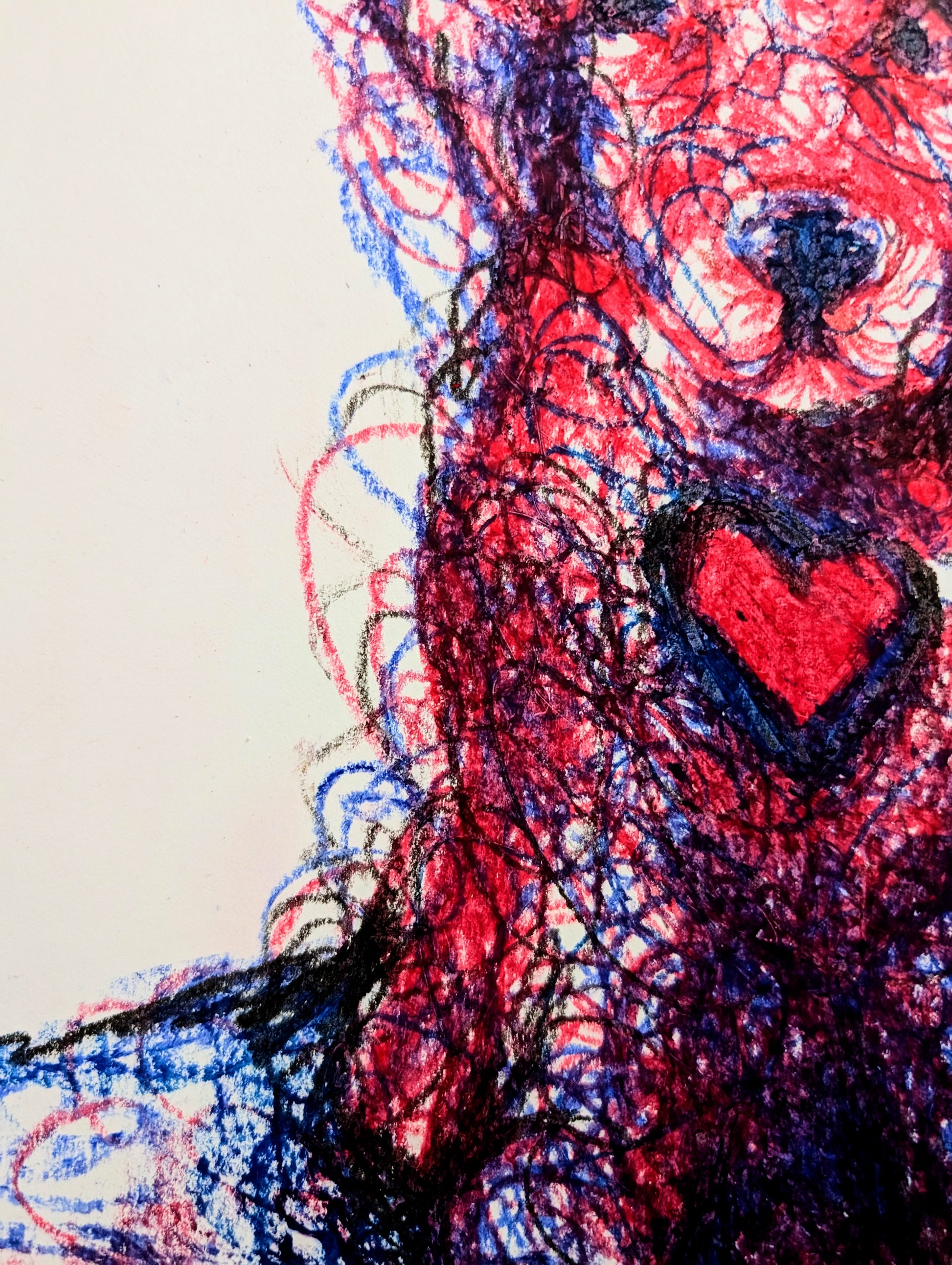 Pink & Blue Dog With Heart A3 Size Oil Pastel Illustration Drawing - Unorthodox Zoo