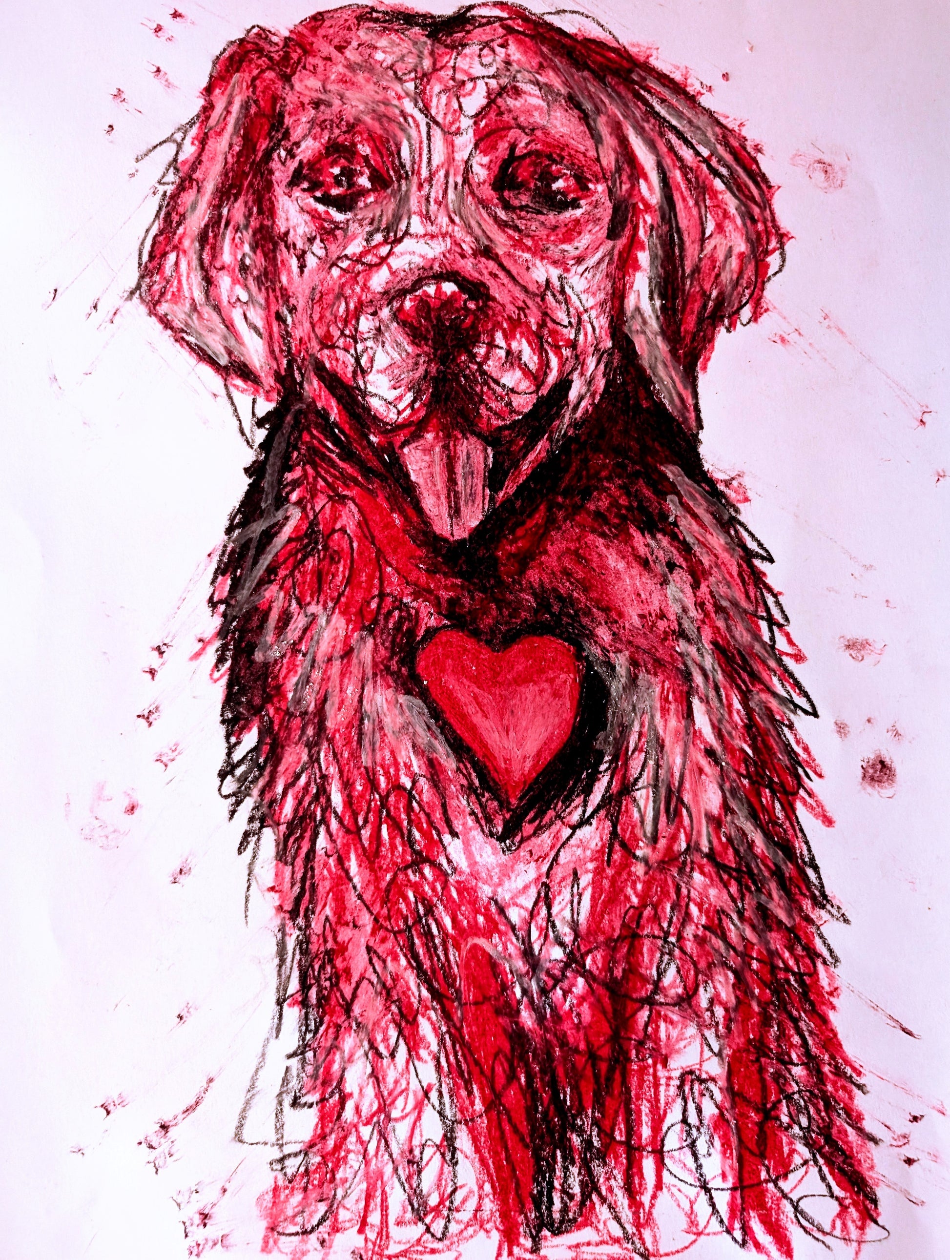 Pink Labrador Dog With Pink Heart Oil Pastel Drawing Illustration A3 Size Unframed - Unorthodox Zoo