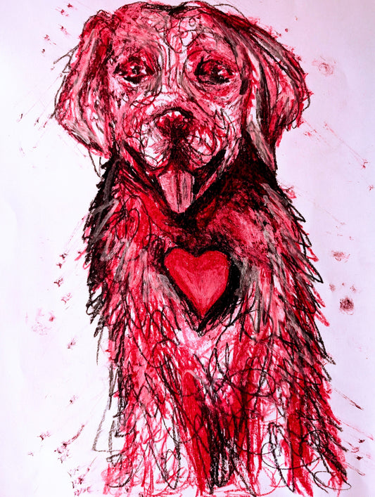 Pink Labrador Dog With Pink Heart Oil Pastel Drawing Illustration A3 Size Unframed - Unorthodox Zoo