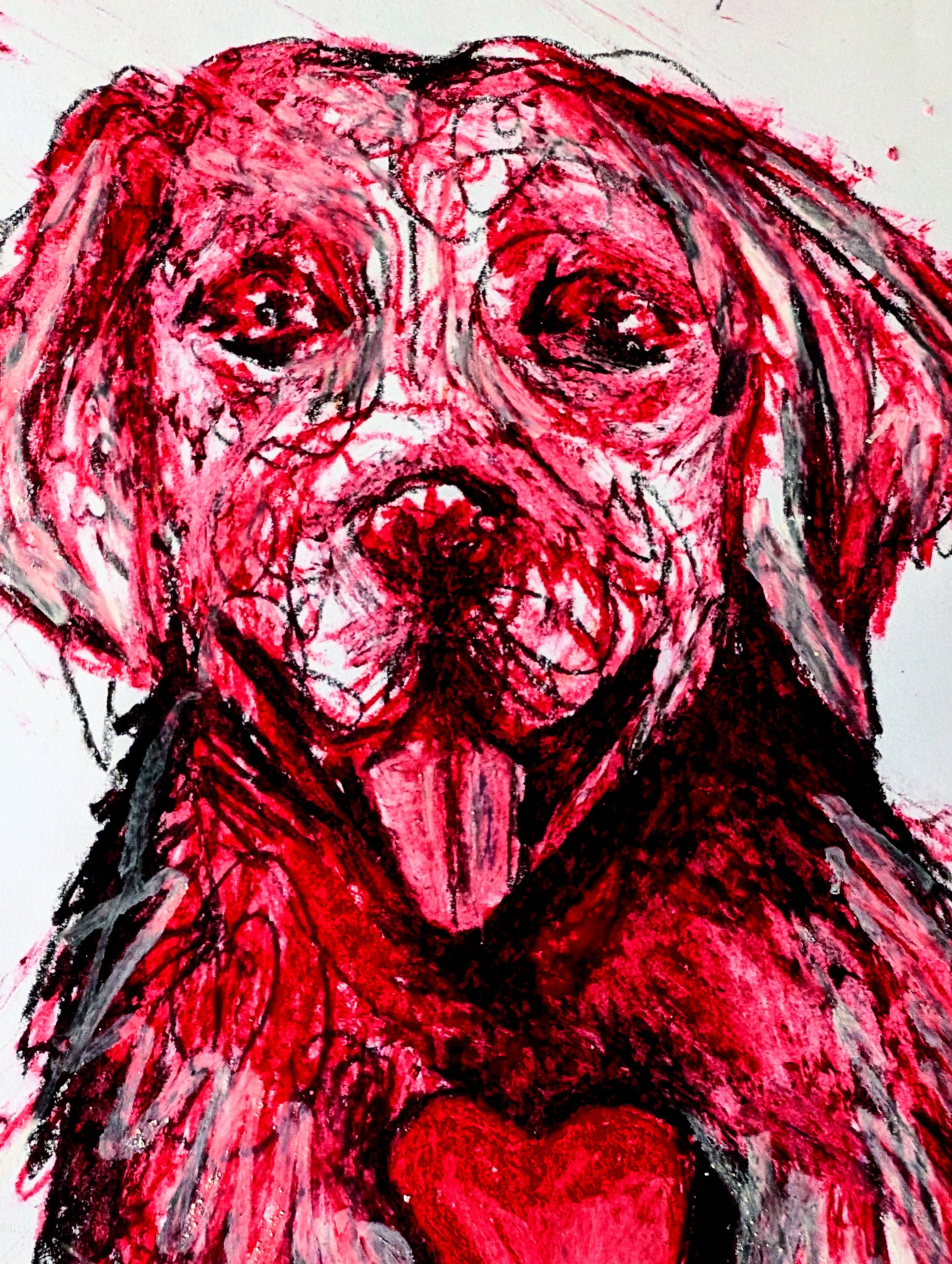 Pink Labrador Dog With Pink Heart Oil Pastel Drawing Illustration A3 Size Unframed - Unorthodox Zoo