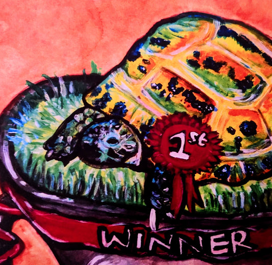 Colorful painting of a pie with a '1st Place Winner' ribbon on a red background