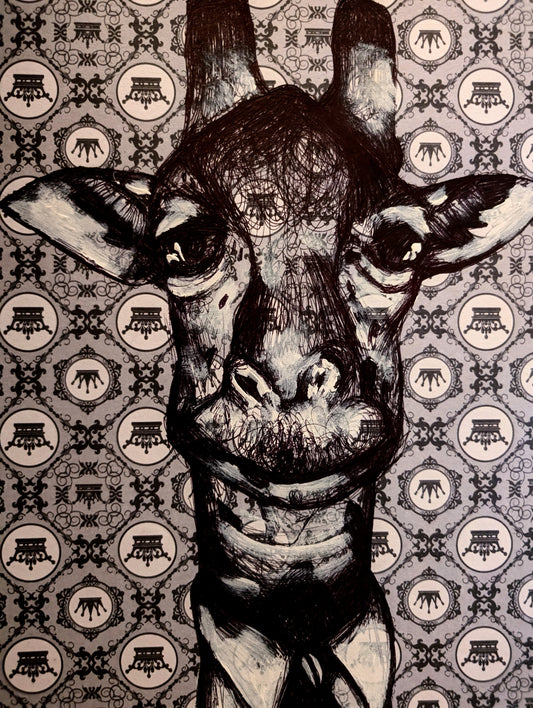 Black and white illustration of a giraffe pulling funny expression with a detailed patterned background