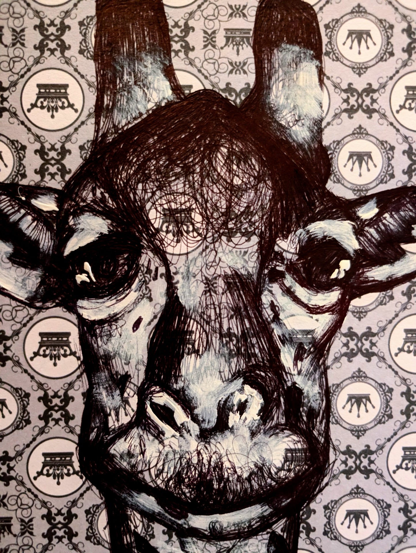 Black and white illustration of a giraffe pulling funny expression with a detailed patterned background