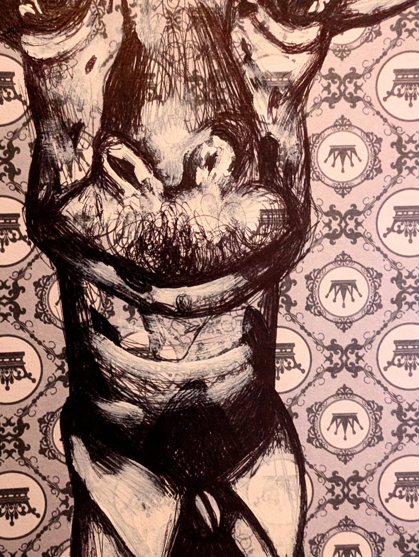Black and white illustration of a giraffe pulling funny expression with a detailed patterned background