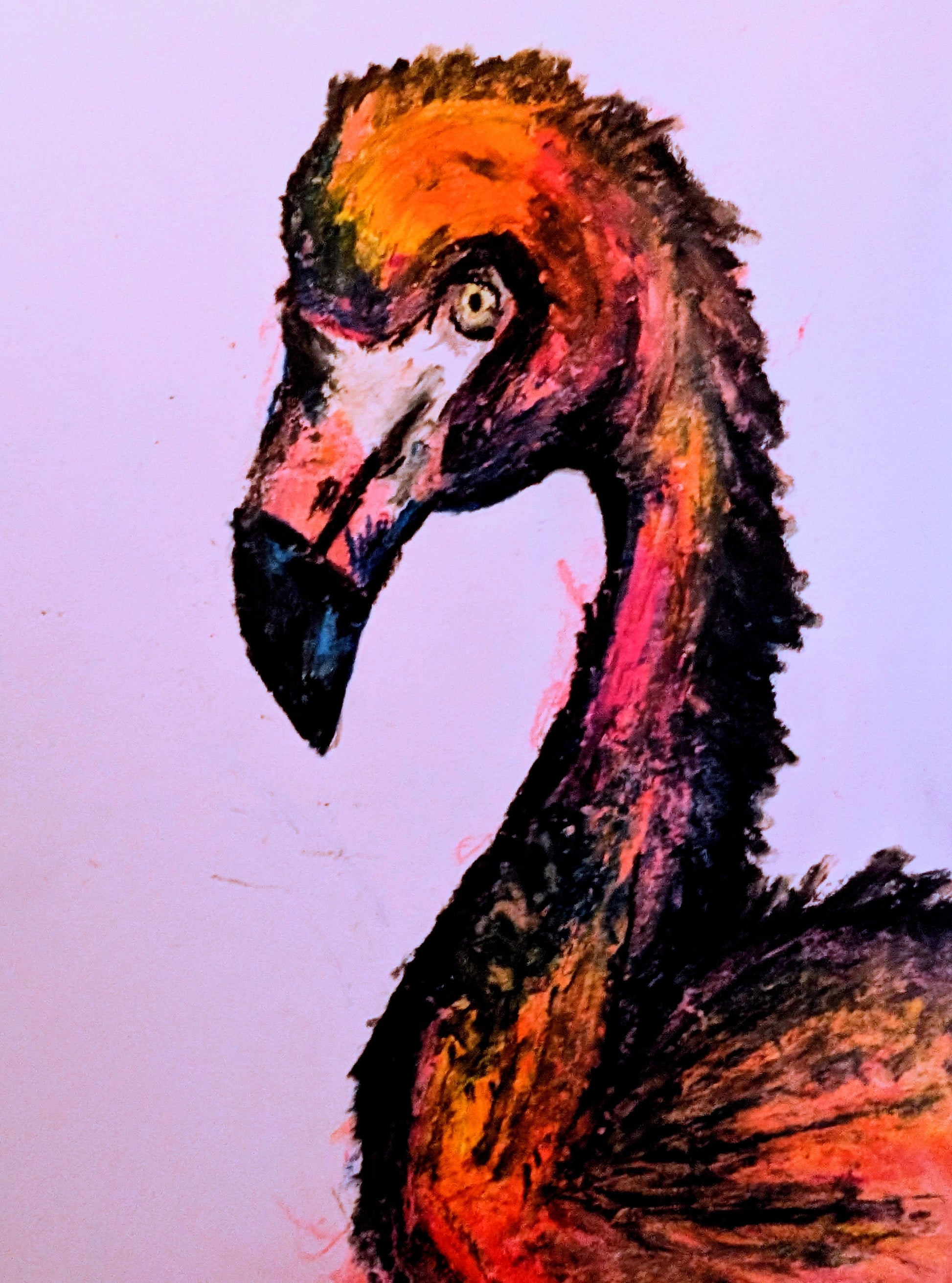 Colorful oil pastel drawing of a flamingo on a light purple background