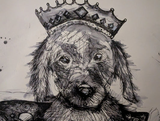 Artistic illustration of a dog wearing a crown with a textured background