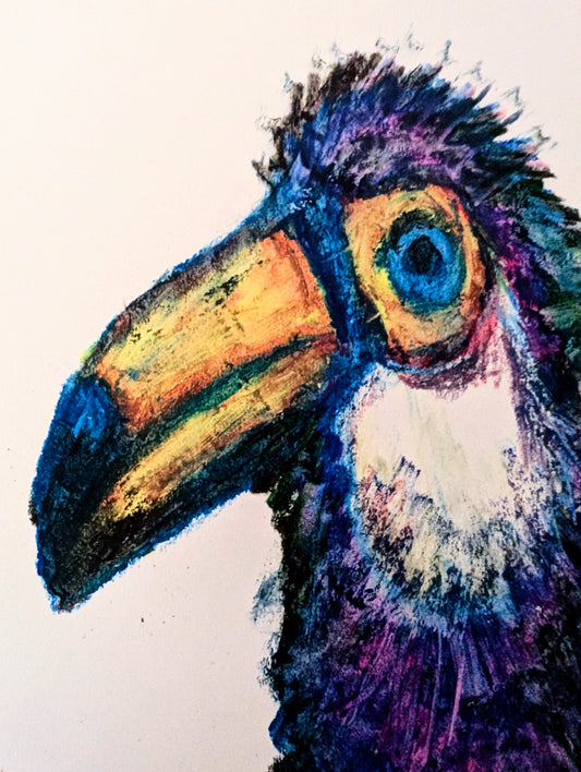 Colorful illustration of a bird's head with a detailed beak on a light background