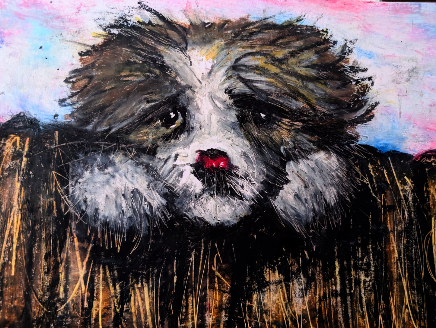 Artistic depiction of a dog with a red nose and colorful background