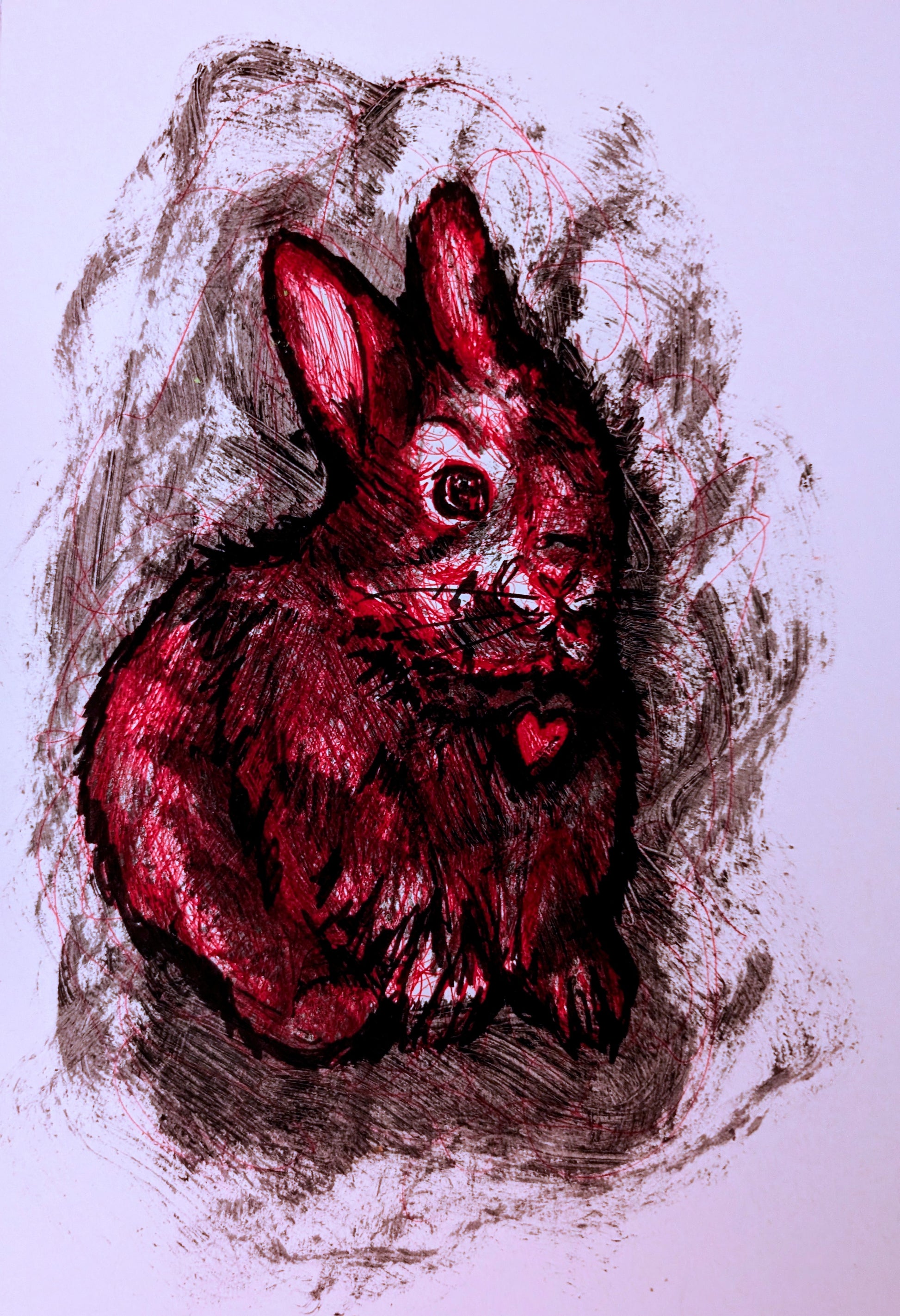 Red rabbit illustration with a textured background