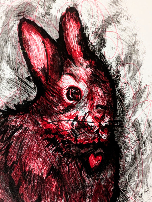 Red rabbit illustration with a heart on a gray and white background