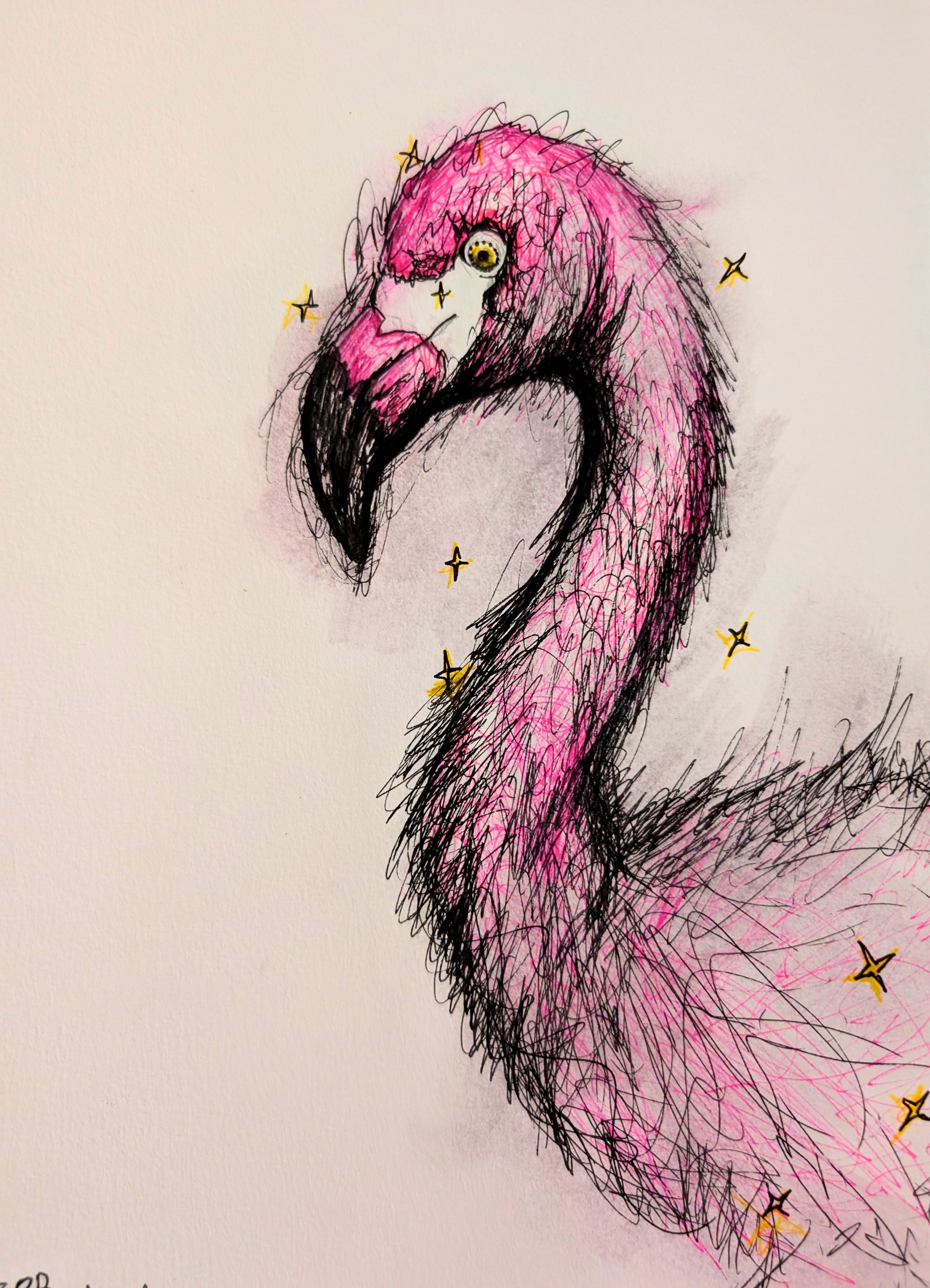 Illustration of a pink flamingo with stars on a light background
