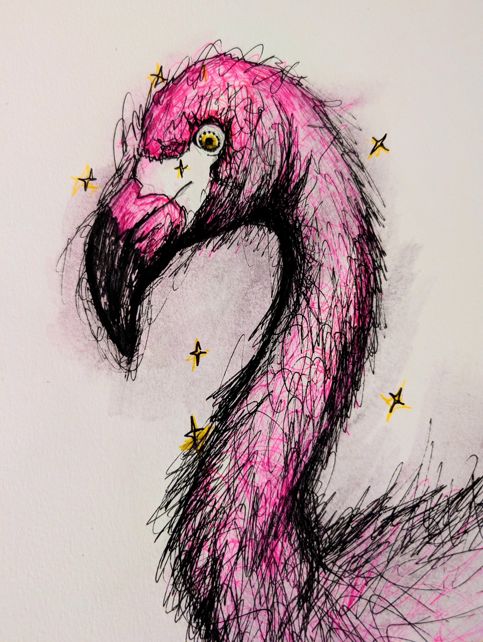 Artistic illustration of a pink flamingo with black lines on a light background