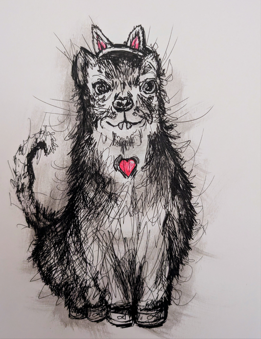 Funny Little Animal With Cat Ears Little Pink Heart Pen Illustration Drawing Sketch Art Unframed A4 Size - Unorthodox Zoo