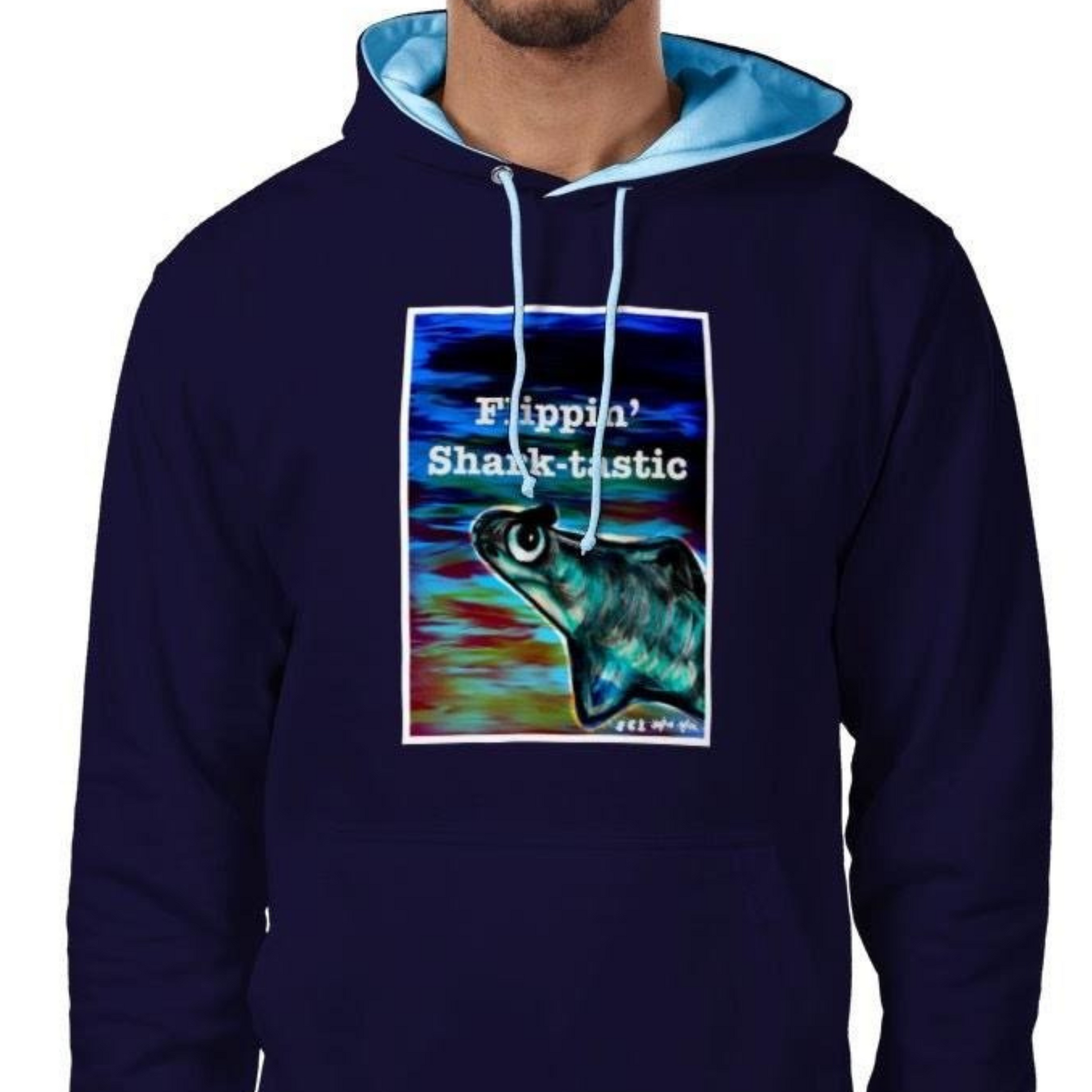 Flipping Shark-tastic Unisex Hoodie Dark Navy Blue With Light Blue - Unorthodox Zoo
