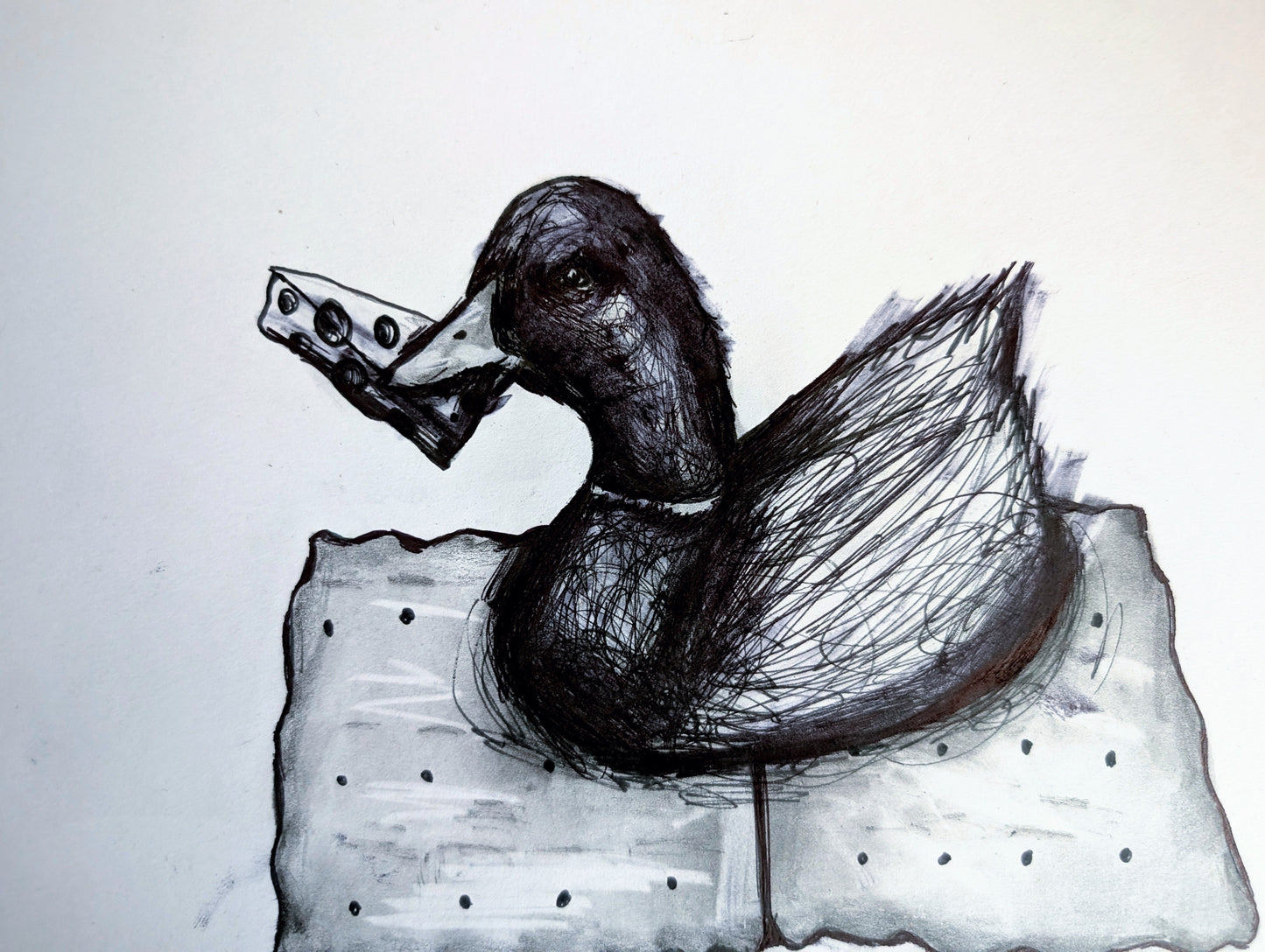 Cheese And Quackers Duck Sitting On Cracker Pen Illustration Drawing Sketch Art Portrait Unframed A4 Size
