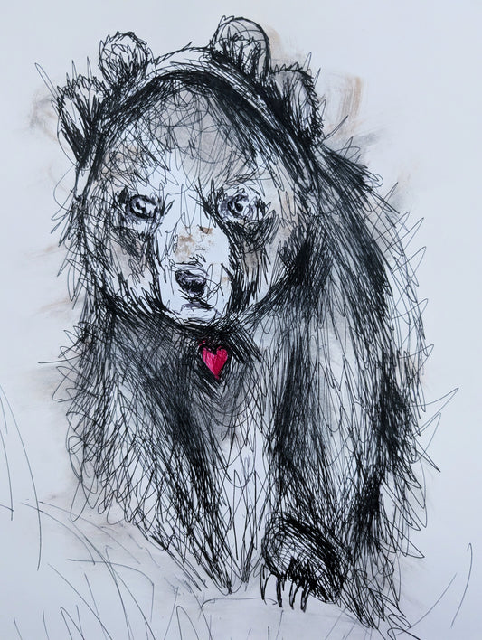 Bear With Bear Ears Little Pink Heart Drawing Illustration Sketch A3 Size Unframed - Unorthodox Zoo