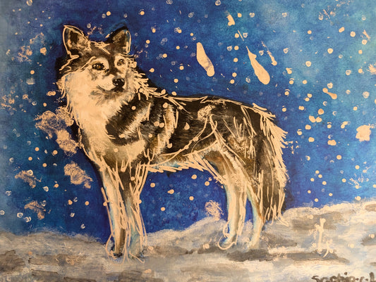 Wolf Painting With Cold Snowy Weather Blue Background A3 Size Unframed - Unorthodox Zoo