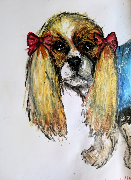 King Charles Cavalier With Pink Bows Brown White Blonde Fur With Blue Jacket Portrait A4 Size Unframed Art Sketch Illustration Drawing Oil Pastel Drawing - Unorthodox Zoo