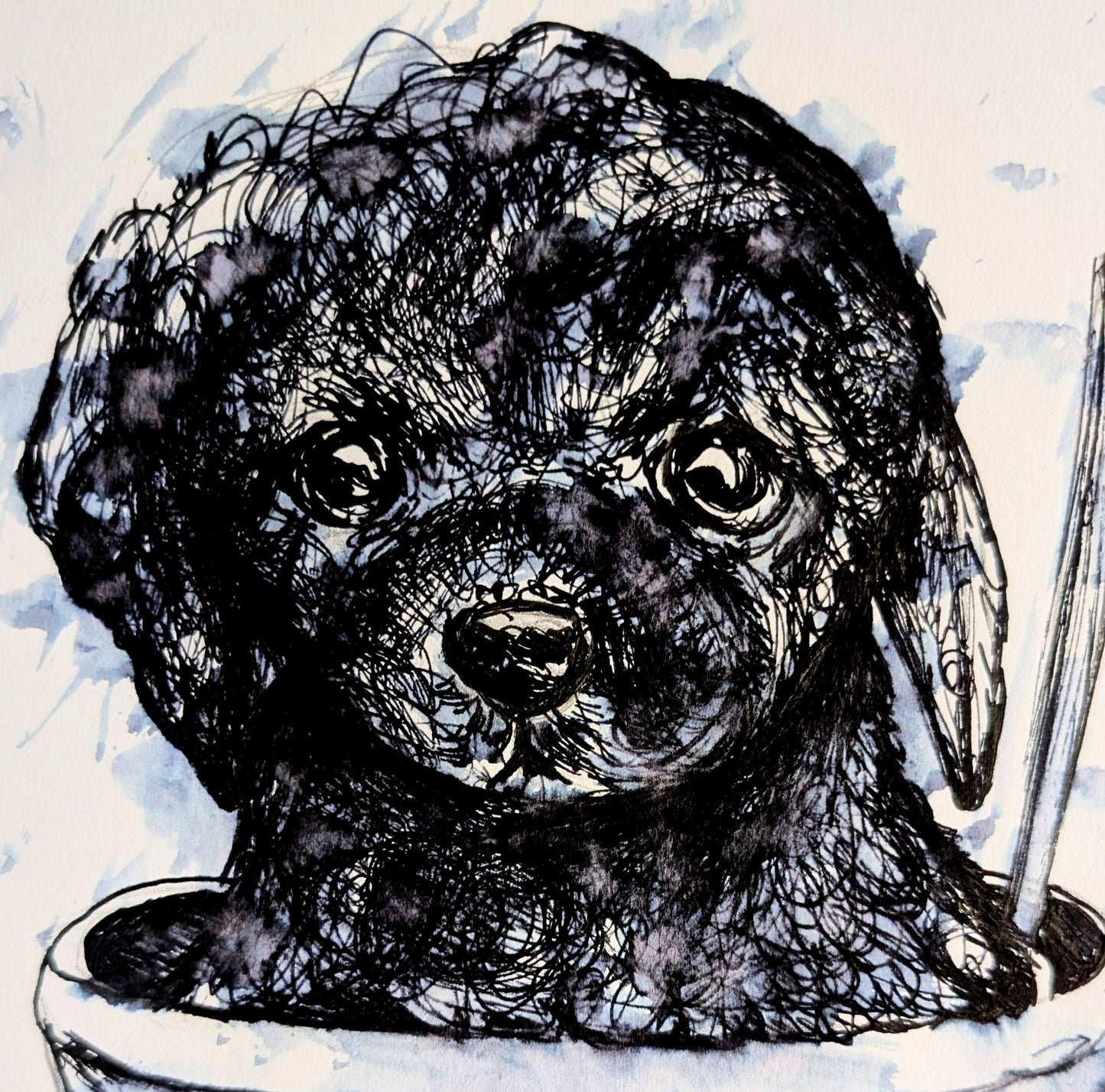 Poodle Puppy In Bowl With Spoon Paw Print Marks Pen Illustration Drawing Sketch Art Portrait Unframed A4 Size