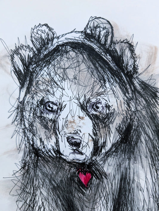 Bear With Bear Ears Little Pink Heart Drawing Illustration Sketch A3 Size Unframed - Unorthodox Zoo