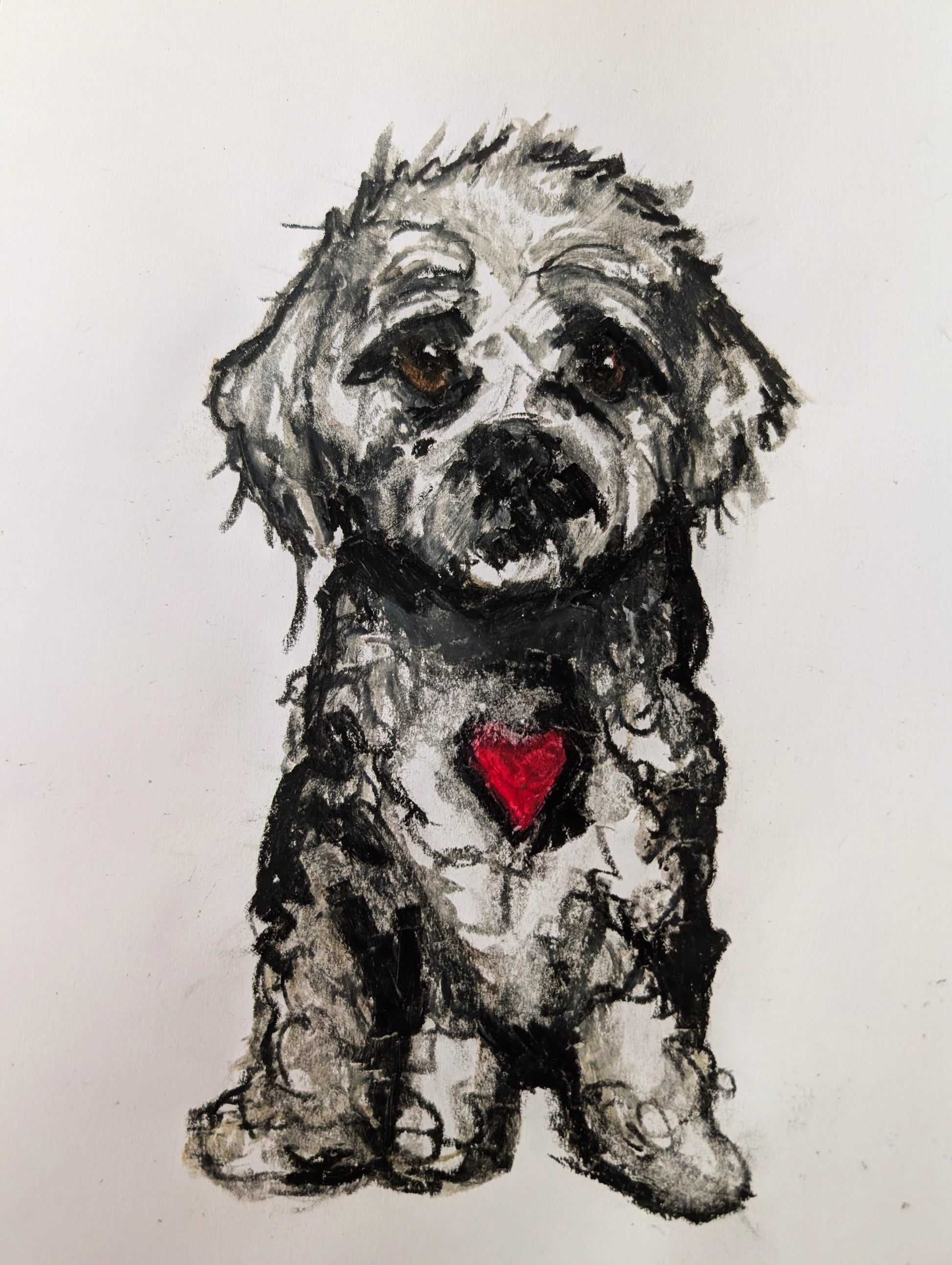 White Fluffy Puppy Dog With Brown Eyes Red Heart White Background Oil Pastel Illustration Drawing Sketch Art Unframed A4 Size - Unorthodox Zoo