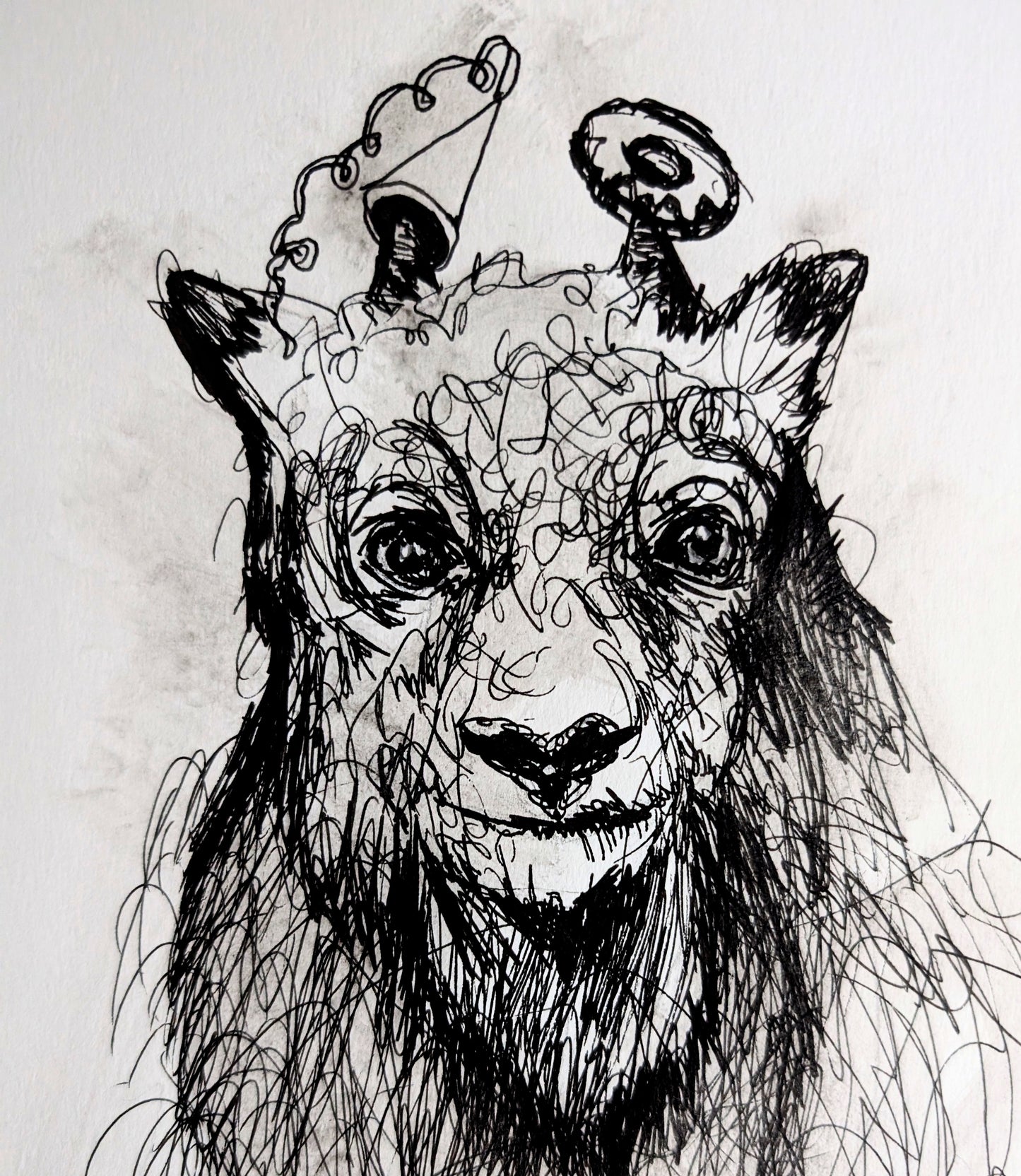 Sheep With Party Hat Donut Scribbly Expressive Effect Pen Illustration Drawing Sketch Art Portrait Unframed A4 Size