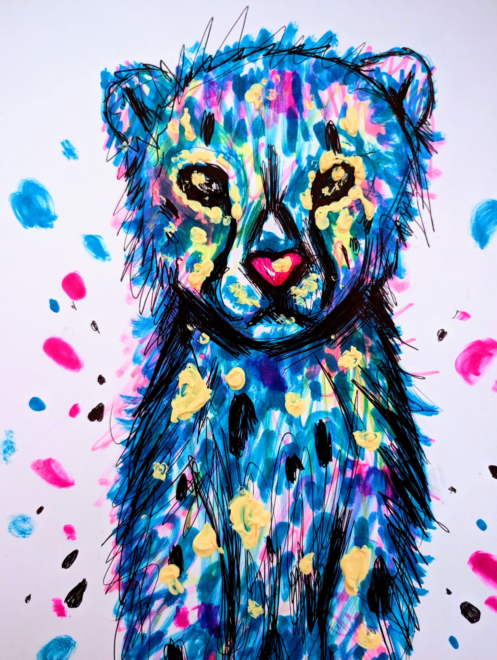 A Leopard Can Change Its Spots Colourful Spots Pink Blue Light Cream Dark Pink Heart Nose A4 Size Unframed Art Portrait Sketch Pen Illustration - Unorthodox Zoo