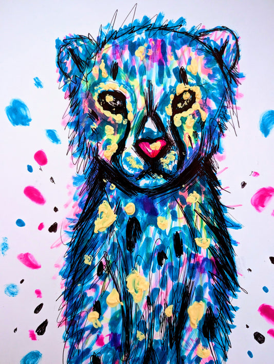 A Leopard Can Change Its Spots Colourful Spots Pink Blue Light Cream Dark Pink Heart Nose A4 Size Unframed Art Portrait Sketch Pen Illustration - Unorthodox Zoo