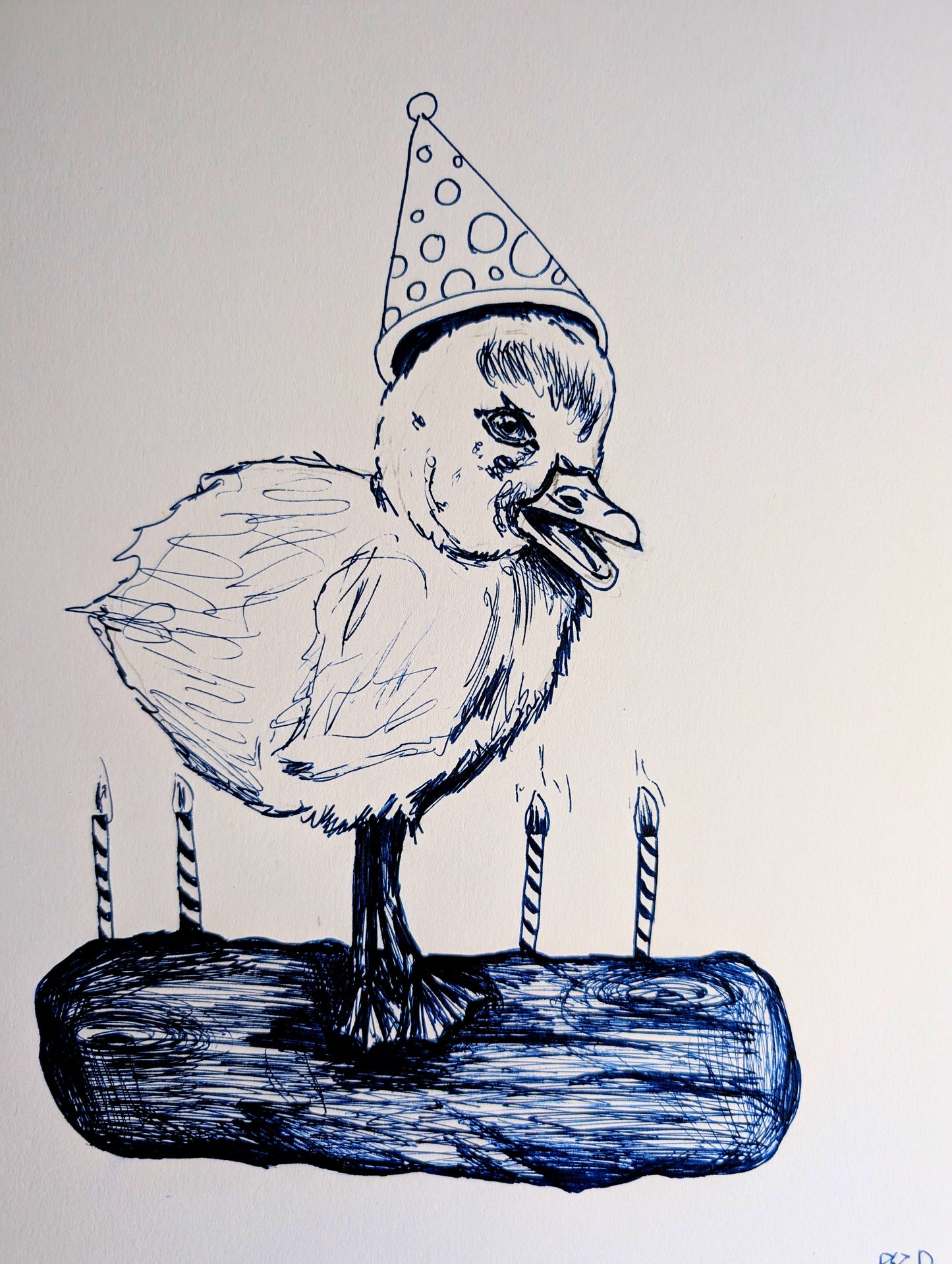 Birthday Celebration Baby Duck Duckling With Candles On Log Cake Pen Illustration Drawing Sketch Art Portrait Unframed A4 Size