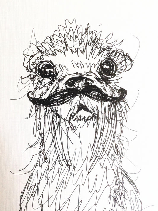Mr Moustache The Funny Little Animal With Scribbly Fur Pen Drawing Illustration Sketch Art Size 17.8 cm x 25.4 cm Unframed - Unorthodox Zoo