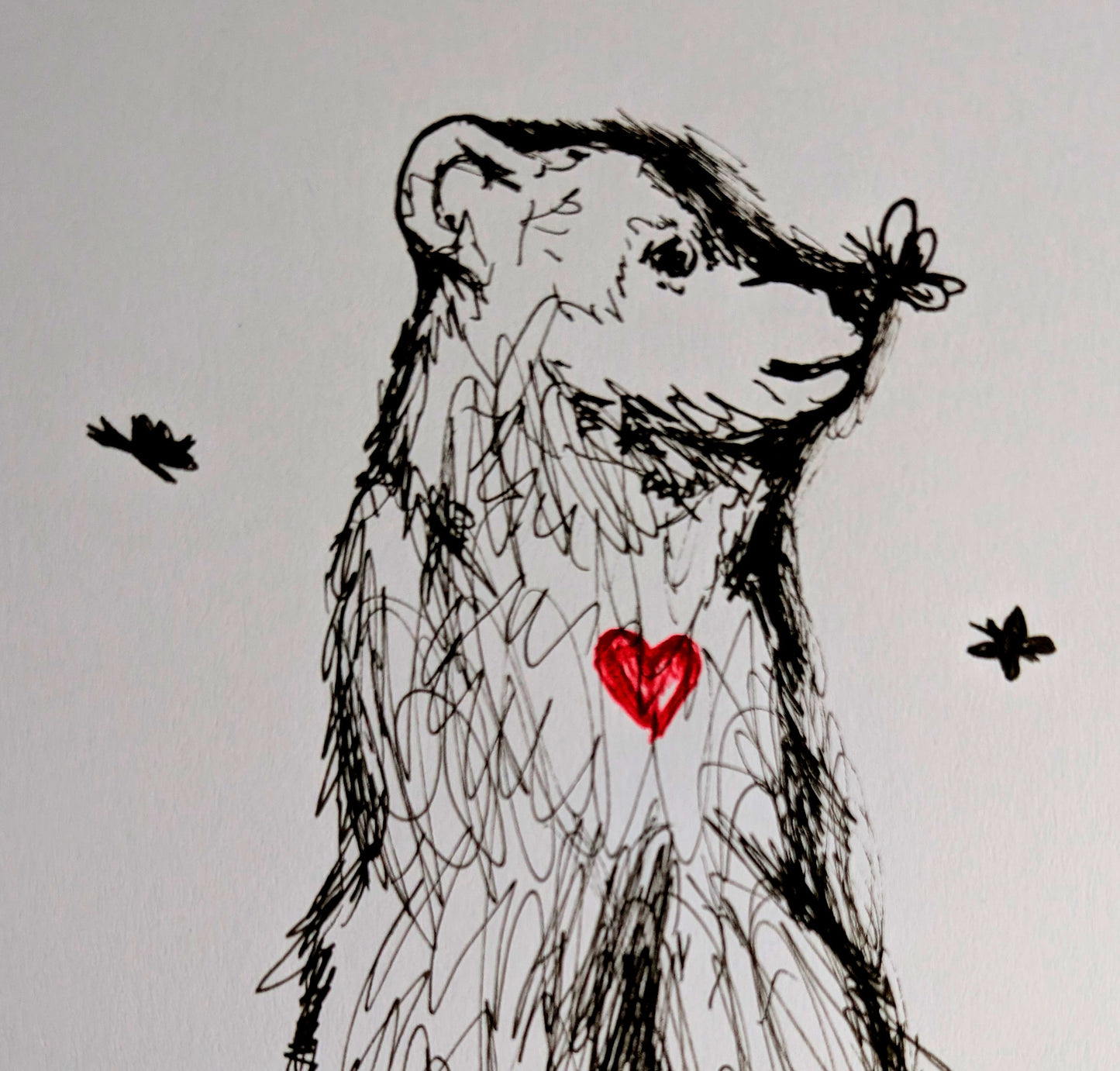 Bear With Red Heart Plant Pot Butterfly Silhouettes Pen Illustration Drawing Sketch Art Portrait Unframed A4 Size