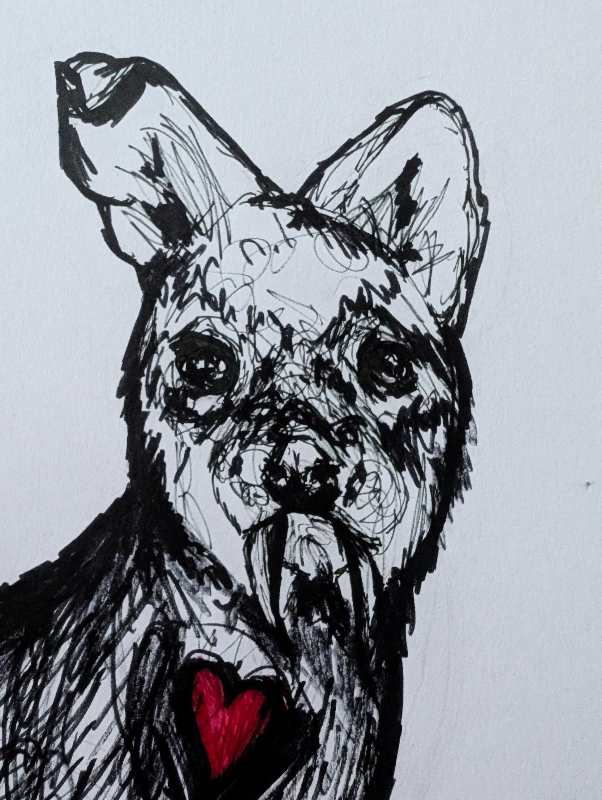 Chinese Deer With Fangs Red Heart White Background Pen Illustration Drawing Sketch Art Unframed A4 Size - Unorthodox Zoo