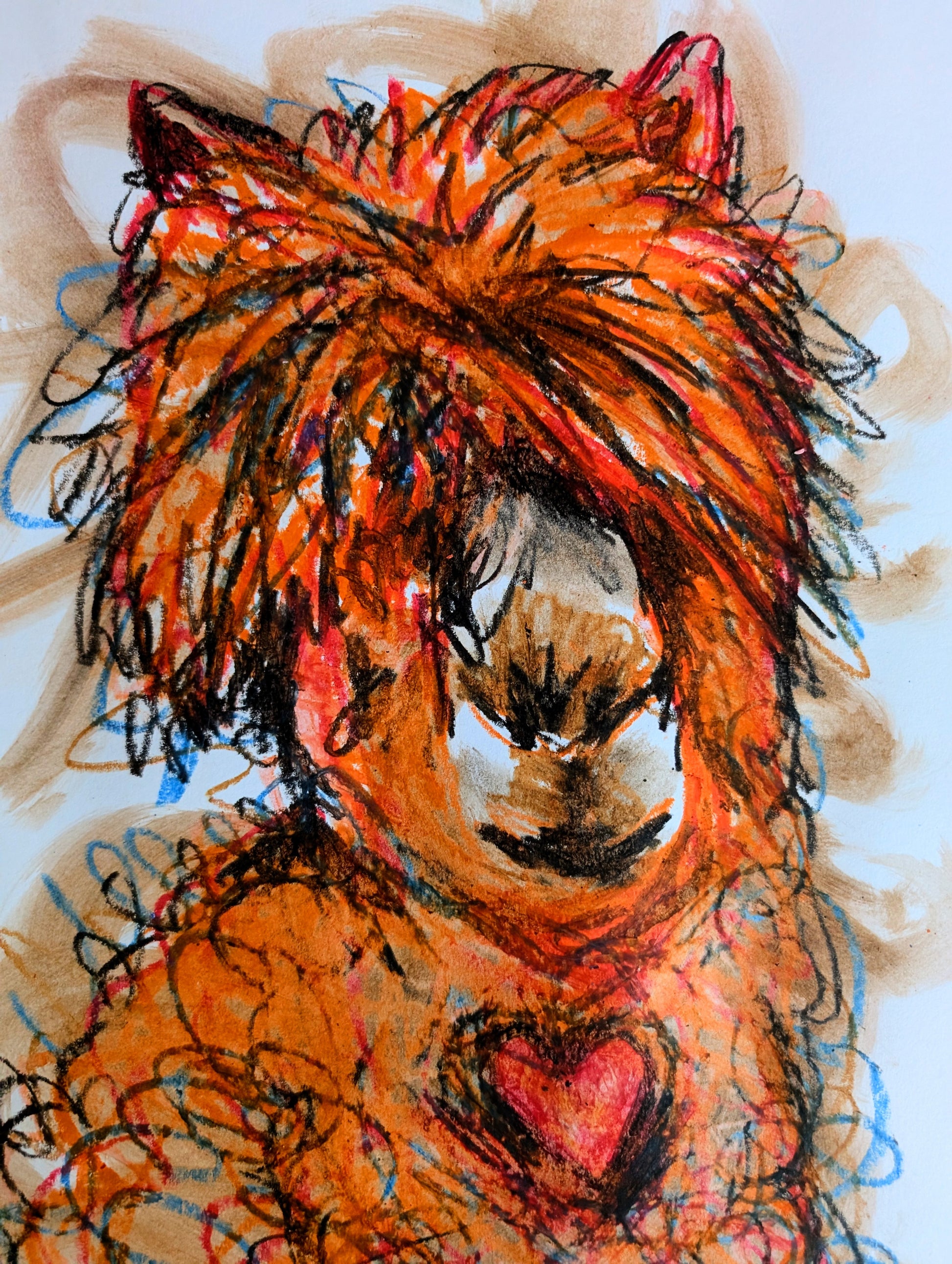 Orange Llama With Red Heart Expressive Oil Pastel Illustration Drawing A3 Size Unframed - Unorthodox Zoo