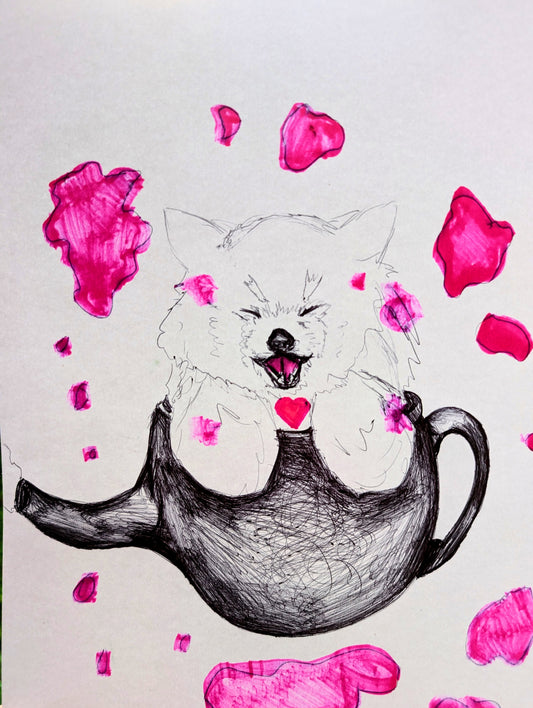 Laughing Fluffy Fox In a Teapot With Pink Tea Stains Pink Heart Pen Drawing Illustration Sketch Art Portrait Unframed A4 Size - Unorthodox Zoo