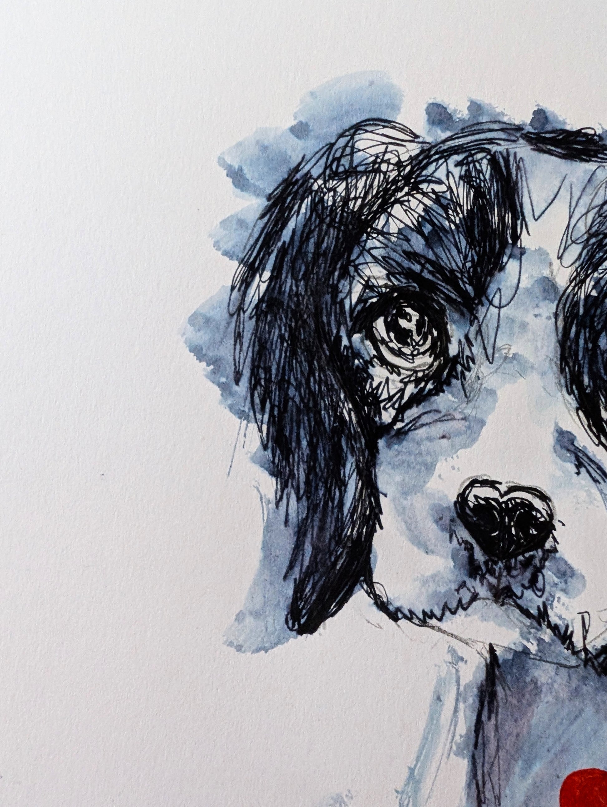 The Puppy Dog With Heart Nose Red Heart Pen Illustration Drawing Sketch White Background Unframed A4 Size - Unorthodox Zoo