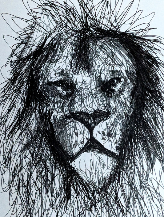 Lion With Fluffy Messy Flowing Hair And Fur Pen Illustration Drawing Sketch Art Portrait Animal Portrait Art Unframed Size 17.8 cm x 25.4 cm - Unorthodox Zoo