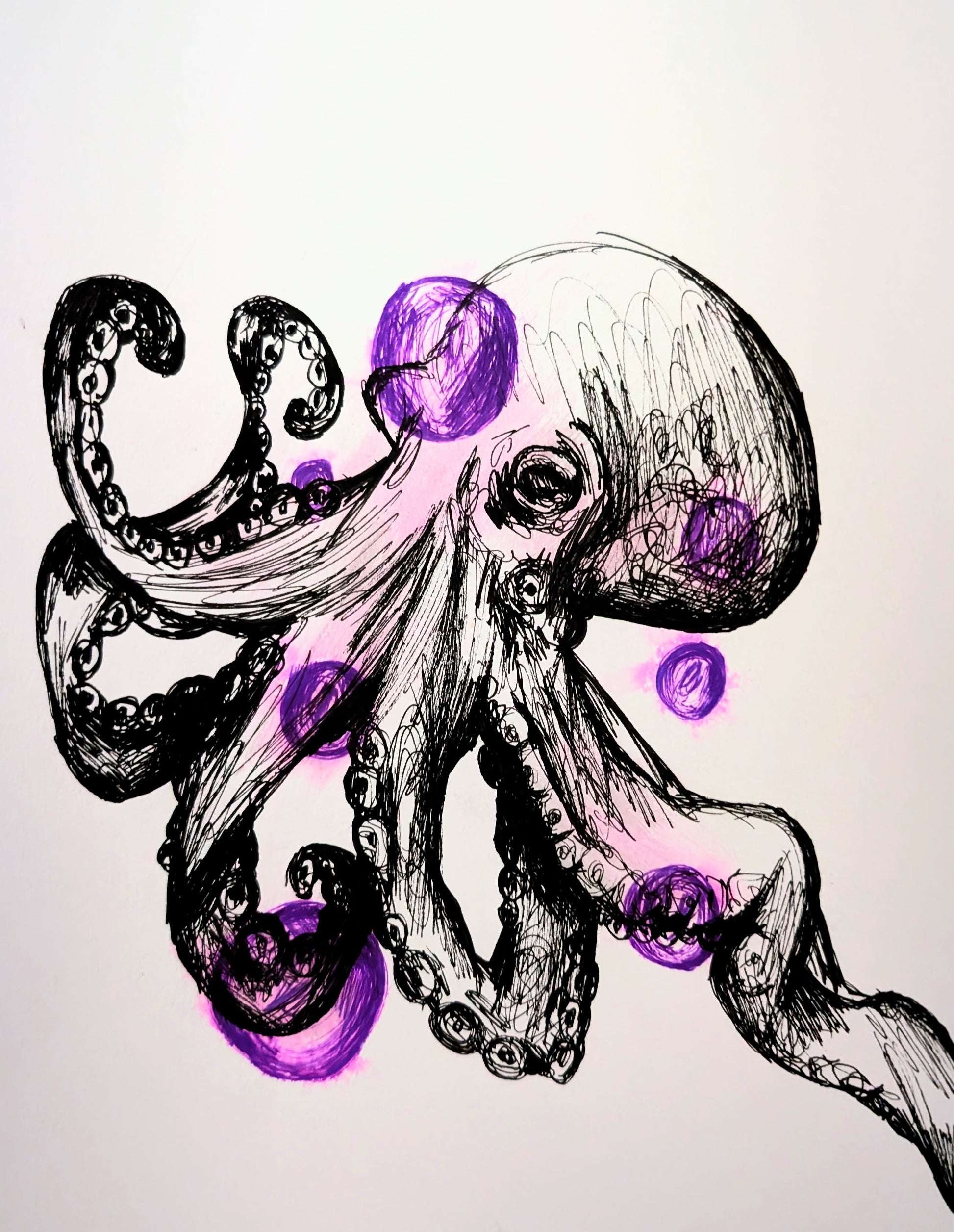 Octopus With Purple Bubbles Pen Drawing Illustration Sketch Art Unframed A4 Size Portrait Underwater Aquatic Under The Sea Creature Art - Unorthodox Zoo