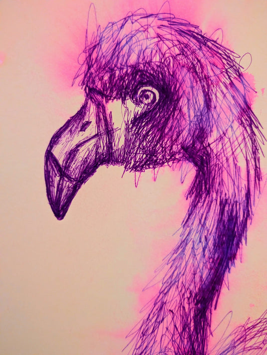Purple Flamingo With Splash Effect Scribble Marking Drawing Illustration Sketch Art Portrait Unframed A4 Size - Unorthodox Zoo