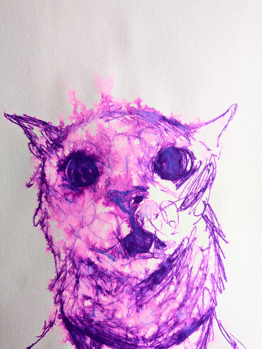 Purple Cat Pulling Funny Face Facial Expression Wearing Shirt And Tie Purple Pen Drawing Illustration Art Unframed Sketch A4 Size - Unorthodox Zoo