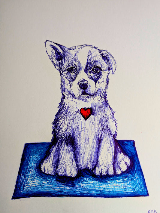 Puppy Dog With Little Red Heart On Blue Mat Pen Illustration Drawing Sketch Art Portrait Unframed A4 Size