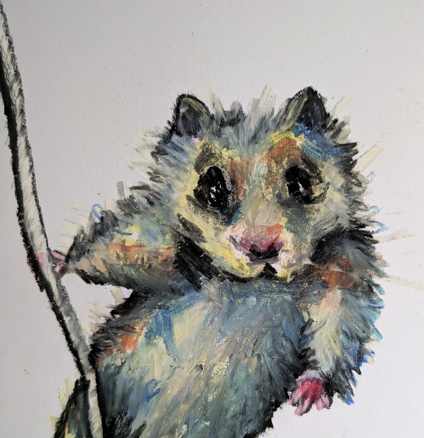 Pastel Yellow Blue Hamster Hanging On To Straw Oil Pastel Drawing Illustration Sketch Art Portrait Unframed A4 Size