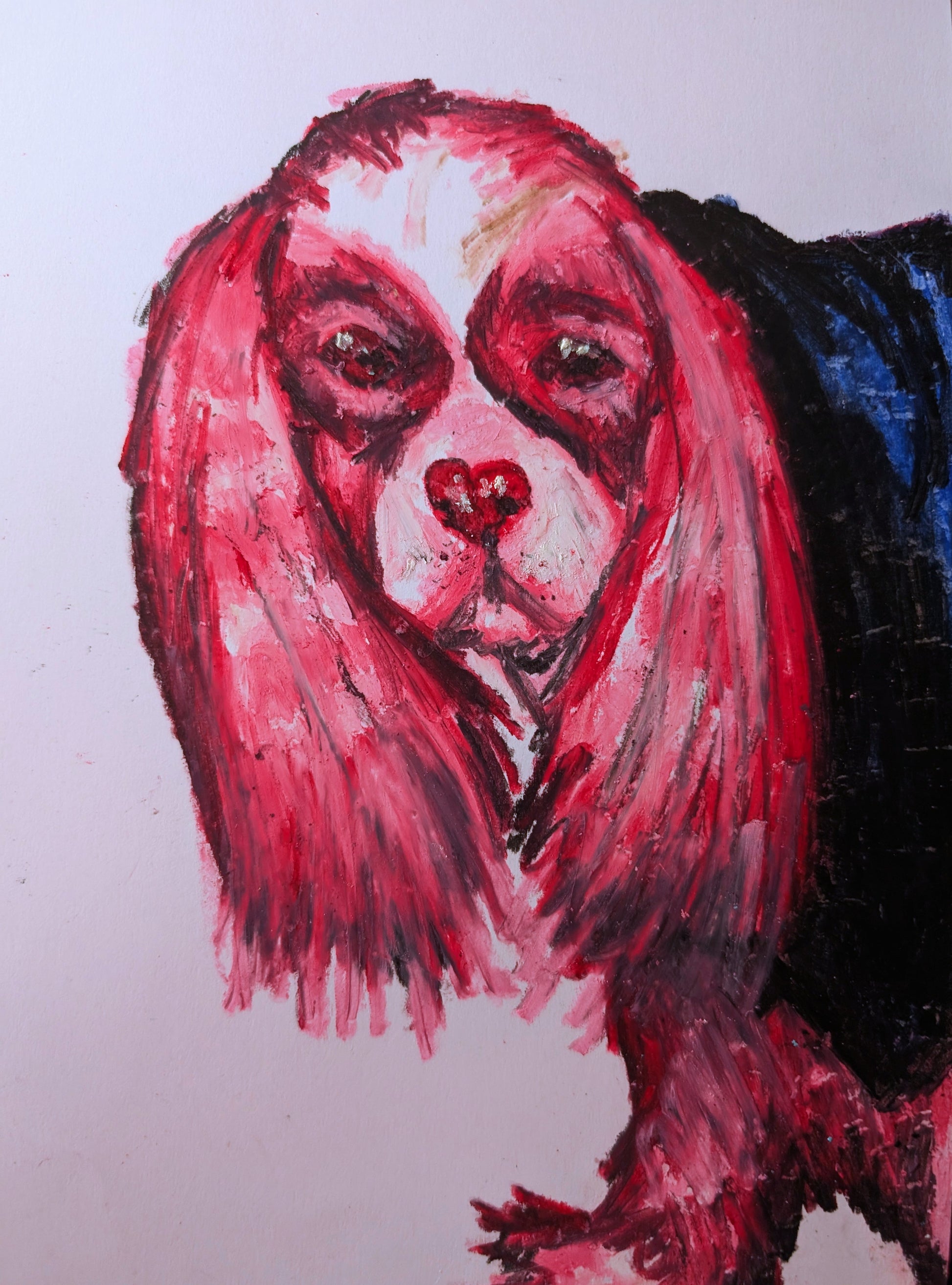 Pink King Charles Cavalier Dog With Heart Nose Oil Pastel Illustration Drawing Sketch Art Unframed A4 Size - Unorthodox Zoo